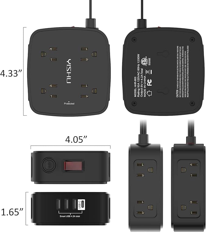 10 Ft Surge Protector Power Strip - YISHU 8 Widely Outlets with 4 USB Ports, 3 Side Outlet Extender with 10 Feet Flat Extension Cord, Ultra Flat Plug, Wall Mount, Desk USB Charging Station, ETL, Black - Image 7