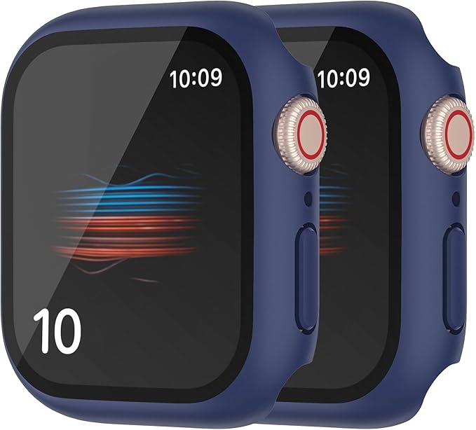 (2 Pack Hard PC Case with Button for Apple Watch Series 7 8 9 45mm Tempered Glass Screen Protector Case, Full Coverage Matte Shell Thin Shockproof Iwatch Bumper Cover (Night Blue, 45mm) by HANKN