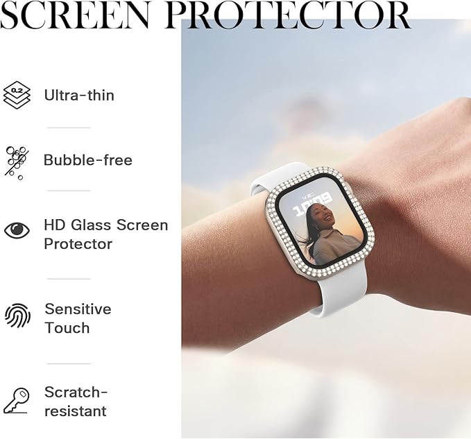 Adepoy Compatible for Apple Watch Case Series 7/8 41mm with Tempered Glass Screen Protector, Double Bling Case Crystal Diamonds Rhinestone Bumper Overall Hard PC Ultra-Thin Protective Cover For iWatch - Image 2