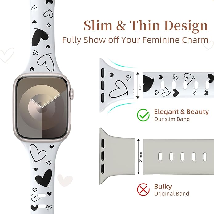 Lerobo Slim Thin Two-Tone Compatible with Apple Watch Band 40mm 38mm 41mm 42mm 44mm 45mm 46mm 49mm for Women- Soft Cute Flower/Heart Engraved Sport Band for iWatch Series 11 10 9 8 7 6 5 4 3 SE Ultra - Image 3