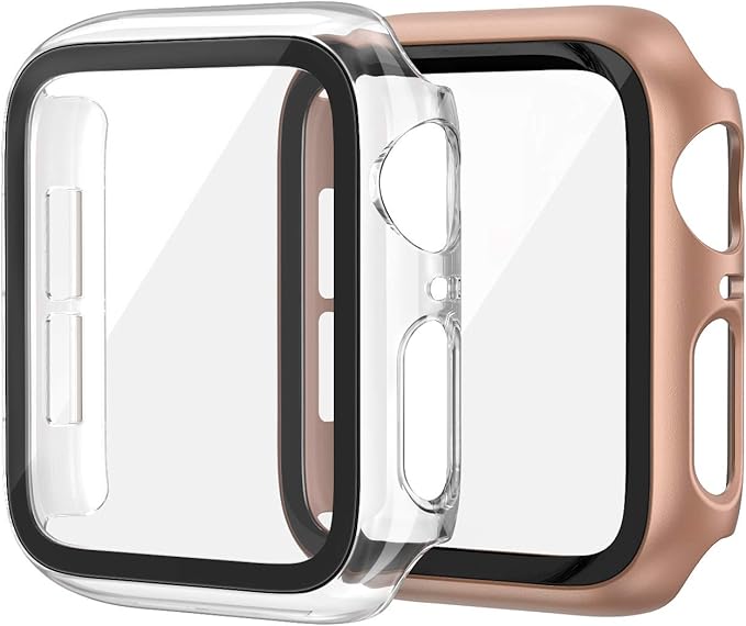 EDIMENS 2 Pack Hard PC Case Compatible with Apple Watch Series 6 / SE / 5/4 40mm Women Men, Overall PC Case Slim Tempered Glass Screen Protector Protective Cover for Apple iWatch 40mm SE Clear Rose by EDIMENS