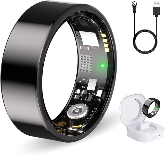 Smart Ring Health Tracker for Women & Men, Fitness Ring with Heart Rate Blood Oxygen, Sleep monitor, Step Tracker, IP68 Waterproof Compatible with iOS & Android, No Subscription Fee (Black, 13) by Unknown