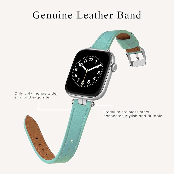STIROLL Thin Leather Band Compatible with Apple Watch Bands 41mm 40mm 38mm 42mm(Series 11 10) Women, Stylish Top-Grain Leather Strap Slim Wristband for iWatch SE3/2/1 Series 9 8 7 6 5 4 3 2 1, Cyan Blue/Silver - Image 4