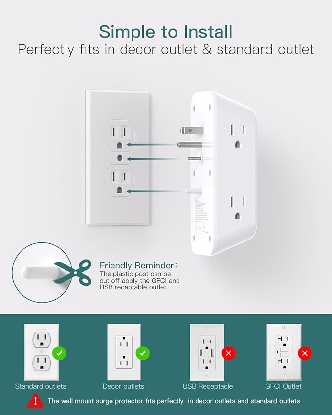 Addtam Surge Protector Outlet Extender, 6-Outlet Splitter with 4 USB Wall Charger(PD 20W), Multi Plug Wall Outlet 1800J Power Strip for Home Office Dorm Room Essentials, White - Image 7