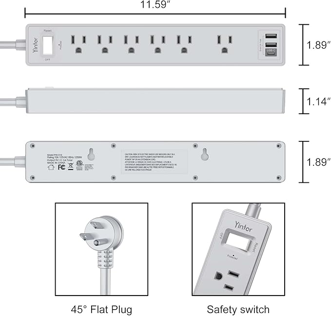 10Ft Power Strip Surge Protector - Yintar Extension Cord with 6 AC Outlets and 3 USB Ports for Home, Office, Dorm Essentials, 1680 Joules, ETL Listed, Grey - Image 7