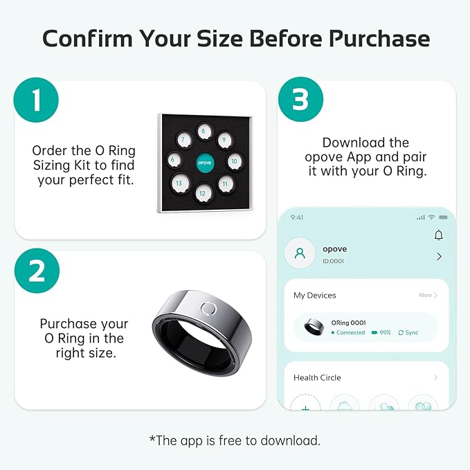 opove O Ring Smart Ring, Fitness Trackers Rings with Sleep/Stress/Heart Rate/Women's Health Monitoring, Comfortable Wearing, Up to 7 Days Using, Fitness Ring for Android & iOS, Silver-Size10 - Image 2