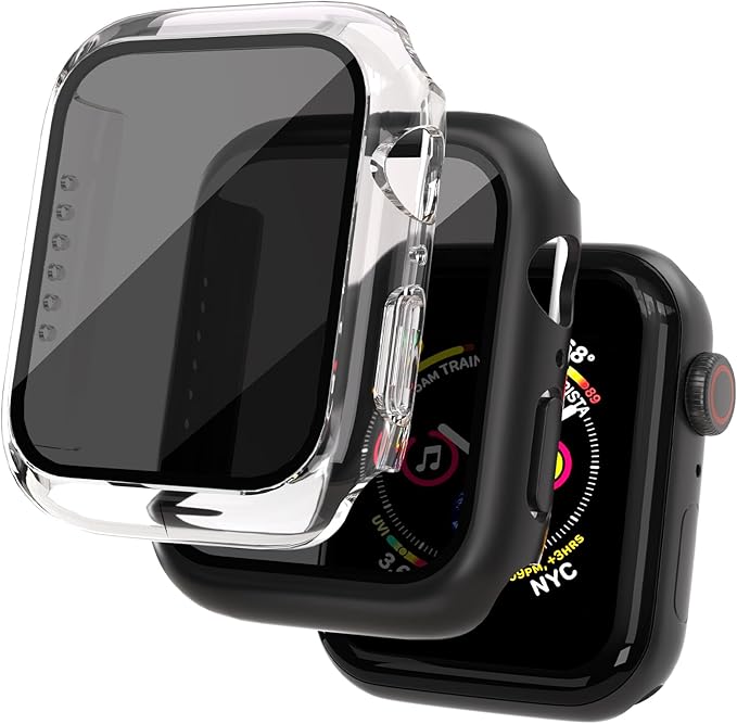 2 Pack Privacy Case for Apple Watch Screen Protector, Anti-Spy Tempered Glass Film Apple Watch Cover Hard PC Case Bumper for iWatch Series 6/5/4/SE 2/SE 3 - Black/Clear 44mm by KUYUBMINYR