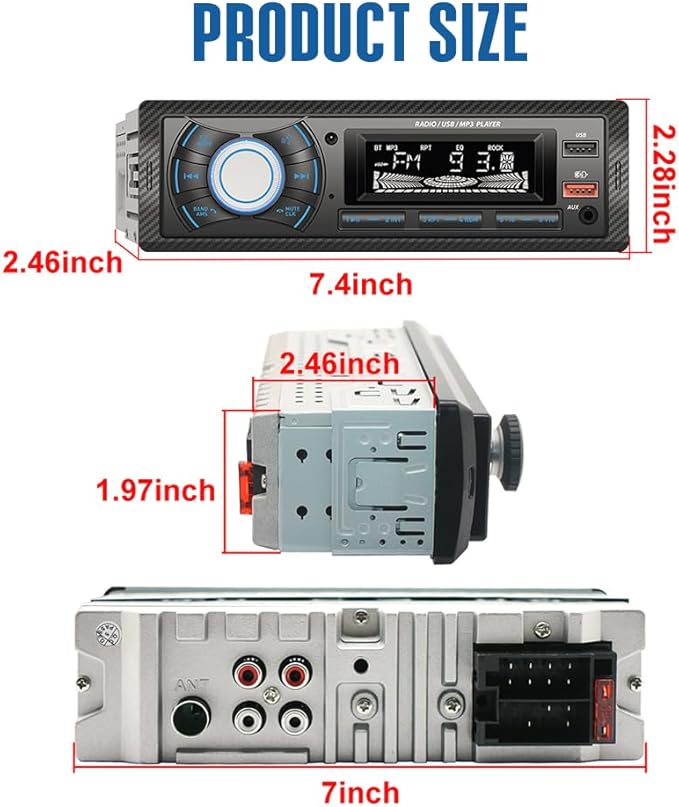 Kunfine Audio Systems Car Stereo - Single Din, Voice Control, Bluetooth, No CD DVD Player, FM Radio Receiver, Wireless Remote Control, MP3, 2 USB(2.1A Charger), Aux-in - Image 4