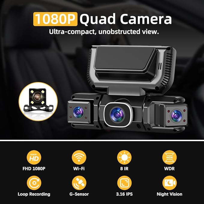 360° Car Dvr WiFi 4channels Dash Cam Video Recorder, Dash Cam Front and Rear, 1080p*4 Fhd Car Camera, App Control (Four Cameras + 64GB Card, with Parking Monitoring) - Image 2