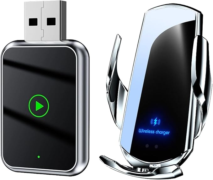 Wireless CarPlay Adapter Compatible with iPhone and Android Auto - Wireless Charger Mount Included – Hands Free Communication, Navigation, Music - Works in Cars 2017+ with USB/USB-C Port by Unknown