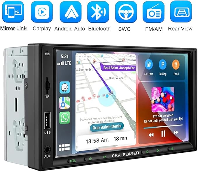 7 Inch Double Din Car Stereo with Wireless Apple Carplay & Android Auto Navi Radio Head Unit with Touch Screen Bluetooth AM/FM Receiver/Mirror Link/Backup Camera/TF/AUX/USB Input - Image 2