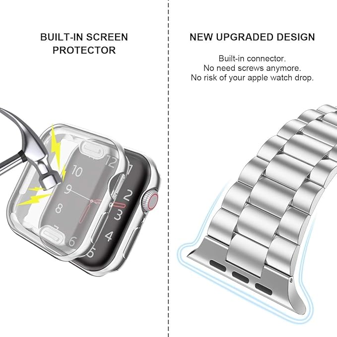 iiteeology Compatible with Apple Watch Band 38mm Series 3 2 1, Upgraded Stainless Steel Band with iWatch Screen Protector Case for Women Silver/Silver - Image 4