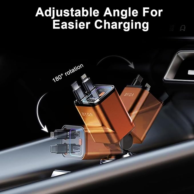 4 in 1 Retractable Car Charger,69W Cigarette Lighter Charger,USB C Fast Car Charger for iPhone 17 Pro Max 16 15 14 13 12 11 (for Apple+Type C &RGB Breathing Light [Orange]) - Image 6