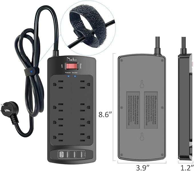 Surge Protector Power Strip - Nuetsa Flat Plug Extension Cord with 8 Outlets and 4 USB Ports, 15 Feet Power Cord (1625W/13A), 2700 Joules, ETL Listed, Black - Image 7