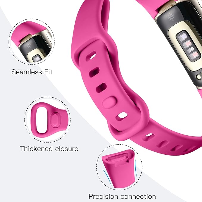 Maledan Sport Band Compatible with Fitbit Charge 5 Bands/Charge 6 Bands for Women Men, Waterproof Silicone Slim Thin Wristband Replacement for Fitbit Charge 5 Fitness Tracker, 3 Pack Fuchsia/Rose/Teal - Image 2