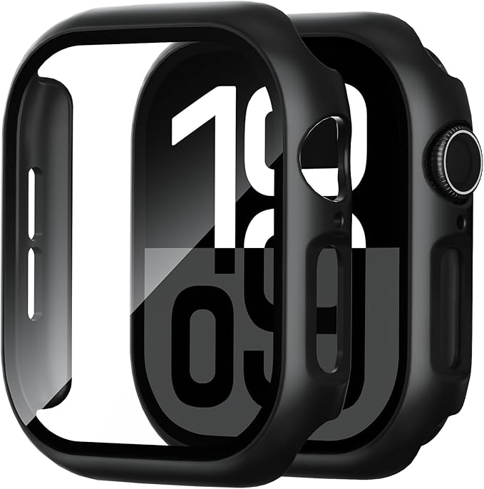 2 Pack Case for Apple Watch Screen Protector, Hard PC Case with Tempered Glass Protective Cover Guard Bumper, Slim Apple Watch Cover for iWatch Series 11 Series 10 - Black/Black 46mm by FoamiaCaseforAppleWatch