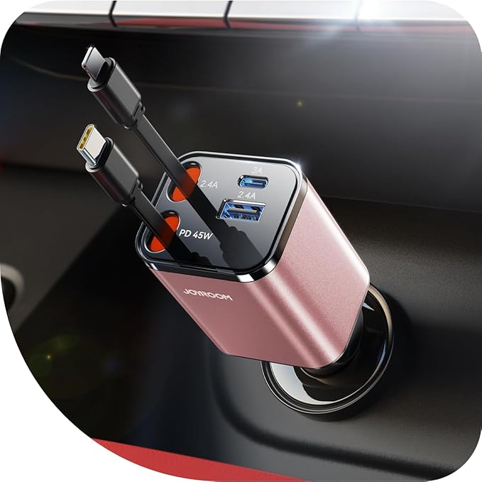 [2026 Upgrade] Retractable Car Charger 84W Car Charger USB C for iPhone 17 16 Fast Charging, Pink Car Accessories, Car Phone Charger Adapter for iPhone 17 Air 16 15 Pro Max, Pixel by JOYROOM