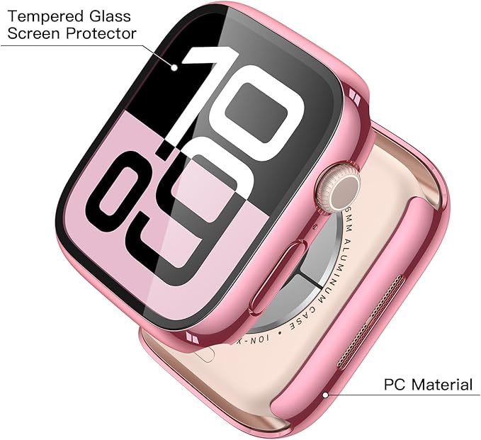 Misxi 2 Pack Tempered Glass Case Compatible for Apple Watch Series 11 (2025) Series 10 46mm, Hard PC Screen Protector Overall Protection Scratch-Resistant Cover for iWatch, 1 Rose Pink + 1 Transparent - Image 4