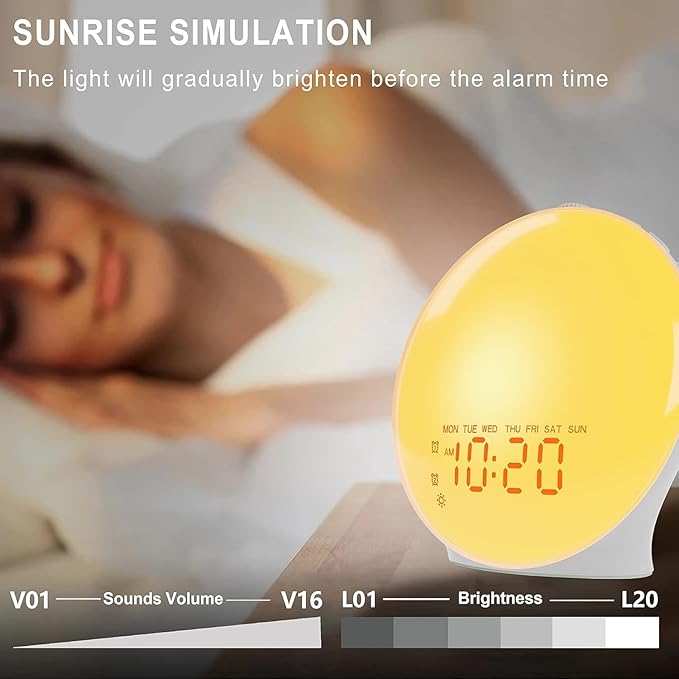 JALL Sunrise Alarm Clock with 25 Soothing Sounds, White Noise Sound Machine for Sleep, Sunset Lamp & 5W Bluetooth Speaker, Dual Alarms for Heavy Sleepers, Kids, Adults, Bedrooms, Wood Grain - Image 3