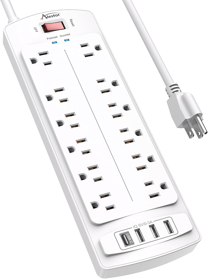 Power Strip,ALESTOR Surge Protector with 12 Outlets and 4 USB Ports, 6 Feet Extension Cord (1875W/15A) for for Home, Office, Dorm Essentials, 2700 Joules, ETL Listed (White) by Alestor