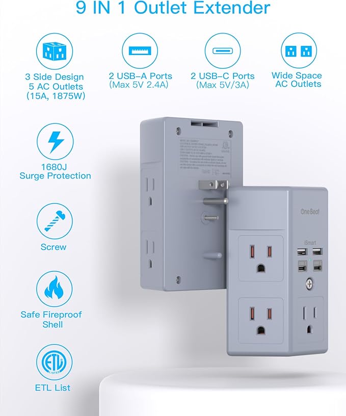 Surge Protector, 5 Outlets Extender with 4 USB Ports(USB C), 3-Side 1680J Power Strip Multi Plug Outlet Expander, USB Wall Charger, Outlet Splitter Adapter Wall Mount for Home Office ETL Listed（Grey） - Image 2