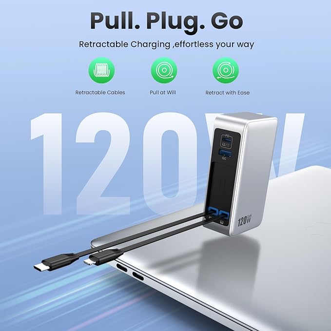 USB C Charger Block 120W with Built-in 2 Retractable Cables,4-in-1 GaN IV Charger Fast Charging Foldable Plug Wall Charger,PD 65W Laptop Charger for MacBook,iPad,iPhone 17/16/15,Galaxy,Android-Silver - Image 2