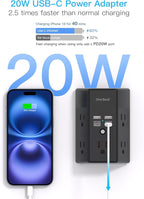 Surge Protector, 5 Outlets Extender with 4 USB Ports(USB C PD20W), 3-Side 1680J Power Strip Multi Plug Outlet Expander, USB Wall Charger, Outlet Splitter Adapter Wall Mount for Home Office(Black) - Image 2