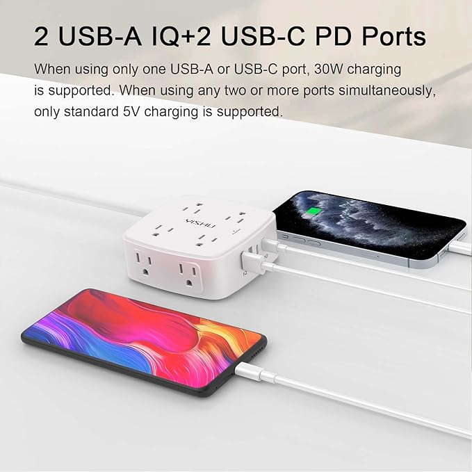 Surge Protector Power Strip - YISHU 8 Widely Outlets with 2 USB-C(PD 30W) and 2 USB-A Ports, 3 Side Outlet Extender with 6Ft Flat Plug Extension Cord, Wall Mount, Desk USB Charging Station, ETL,White - Image 3