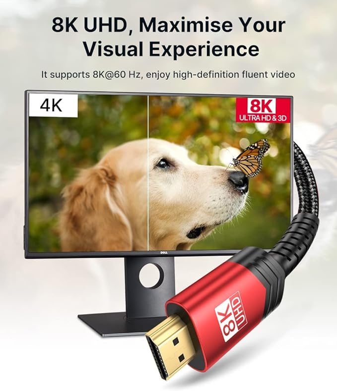 JSAUX 8K HDMI Cable 2.1, 48Gbps Ultra High Speed HDMI Cable Braided Cord (4K@144Hz, 4K@120Hz, 8K@60Hz) HDCP 2.2&2.3 HDR 10 eARC ARC, Compatible with Switch 2/PS5/Laptop/Monitor/HDTV/-Red,15ft - Image 2