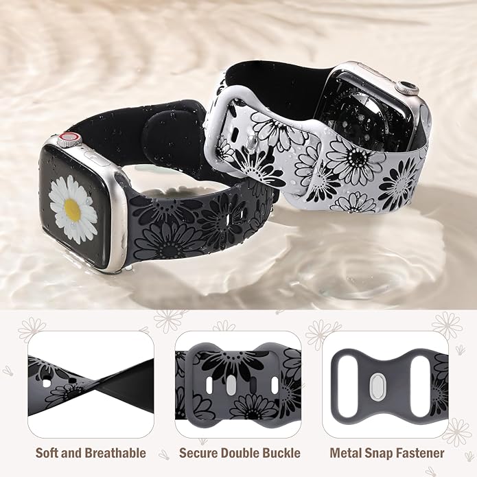 DaQin Floral Engraved Band Compatible with Apple Watch Bands for Women 40mm 41mm 42mm 44mm 45mm 46mm 38mm, Cute Two-Tone Flower Soft Silicone Sport Strap for iWatch Series 11 10 9 8 7 6 5 4 3 2 1 SE - Image 3