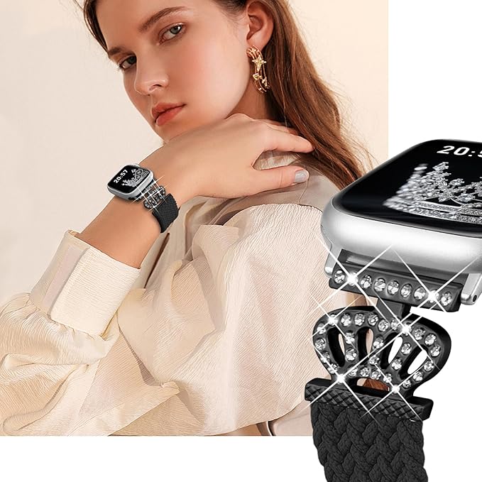 Braided Band Compatible with Apple Watch Bands 40mm 38mm 41mm 42mm 44mm 45mm 46mm 49mm,Magnetic Soft Nylon Stretchy Strap with Designer Bling Crown Strap for Series 10/9/8/7/6/5/4/3/2/SE/Ultra - Image 2