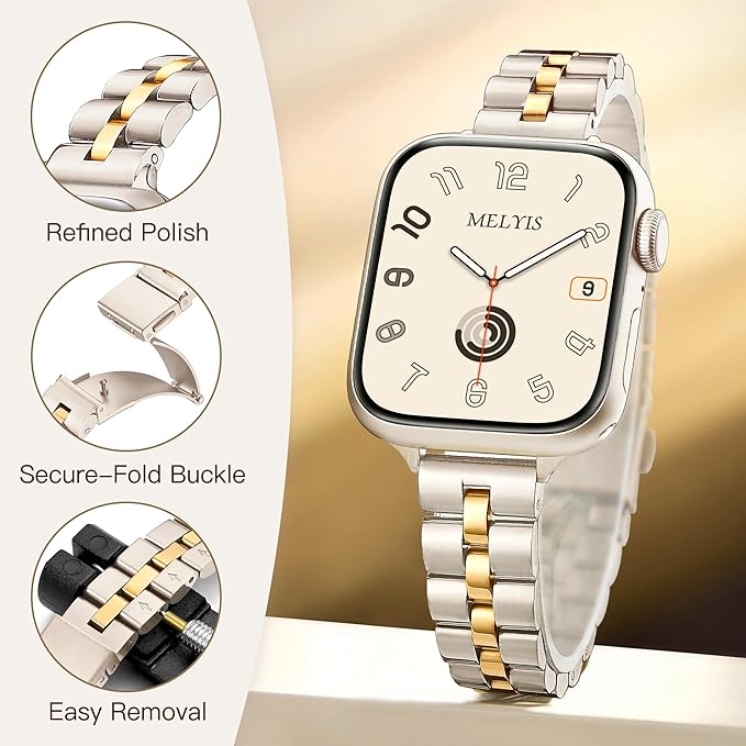 Melyis Slim Metal Band Fits Apple Watch Bands for Women 42mm(Series 11/10) 40mm 41mm 38mm, Stainless Steel iWatch Bands, Dressy Band for Apple Watch Series 11 10 9 SE 8 7 6 5 4 3, Starlight&Gold - Image 3