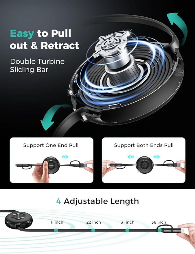 100W Retractable Car Charger 4 in 1 Travel Essentials Multi Charging Cable USB C/L Fast & Carplay for iPhone 16/15/14/13 iPad MacBook Samsung S24/S23+ Multiple Chargers for All Devices-2.95ft - Image 4