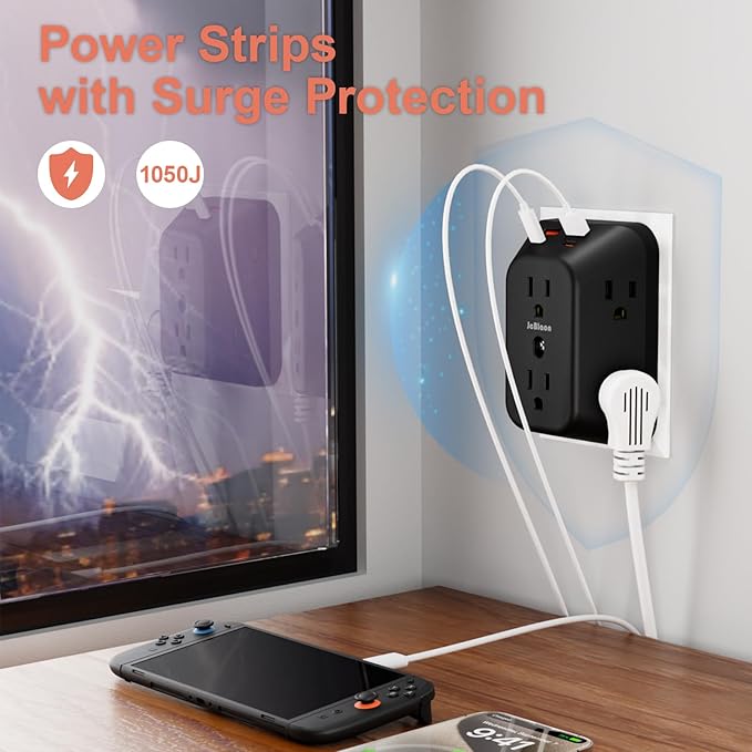 USB Wall Charger Electrical Outlet Extender, Surge Protector, 6 Outlet Splitter with 4 USB Outlet (2USB A, 2USB C) 4-Sided 1050J Power Strip Multi Plug Adapter for Home Office Travel - Image 4