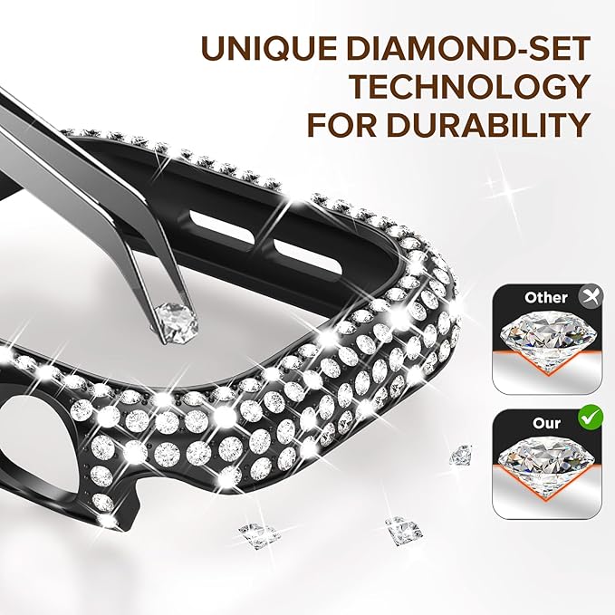 KADES Bling Case Compatible for Apple Watch Series SE3/SE2/6/5/4/SE 44mm, Sparkly Full Diamond Protective PC Bumper Cover, Rhinestone Frame for Women, 44mm-Black - Image 4