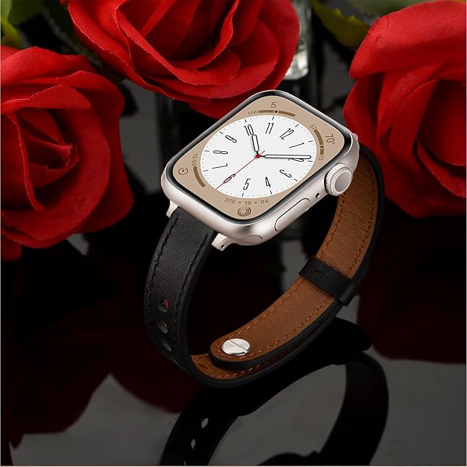 OUHENG Slim Bands Compatible with Apple Watch Band 42mm 41mm 40mm 38mm, Women Genuine Leather Replacement Thin Strap for iWatch SE 3/2/1 Series 11 10 9 8 7 6 5 4 3 2 1 (Black/Starlight) - Image 5