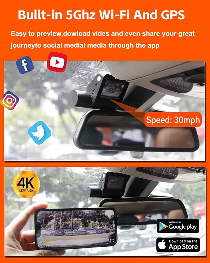 Dash Cam Front and Rear, 4K+1080P dashcam Front and Rear Camera, Dash Camera for Cars, with Night Vision, Free 64GB Card, G-Sensor, Built-in Wi-Fi GPS,Loop Recording,24H Parking Monitor - Image 5