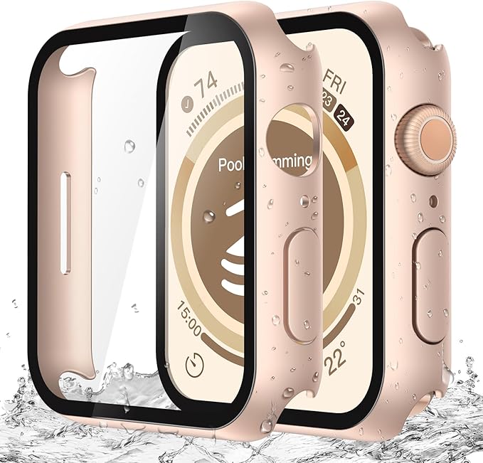 Misxi [2 Pack] Waterproof Hard Case with Tempered Glass Compatible with Apple Watch SE 3 (2025) SE 2 SE Series 6 Series 5 Series 4 44mm, Cover for iWatch Screen Protector, 1 Rose Gold + 1 Transparent by Misxi