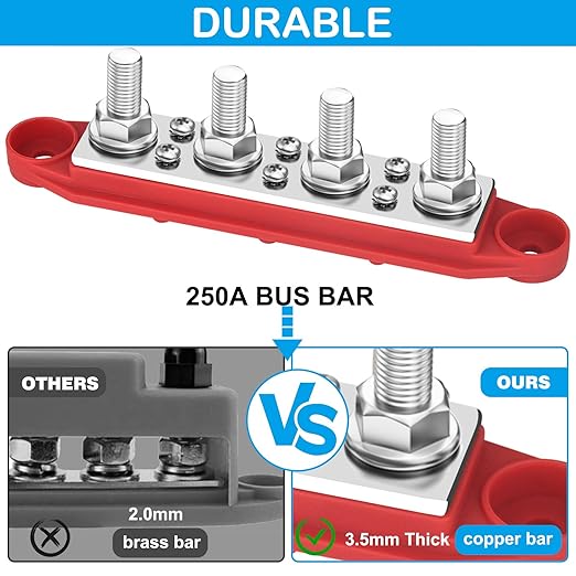 Power Distribution Block 12V 250A 4 x 5/16" (M8) Stud Bus Bar Tinned Copper Electrical Battery Terminal Block for Boat Automotive Solar Wiring - Image 4