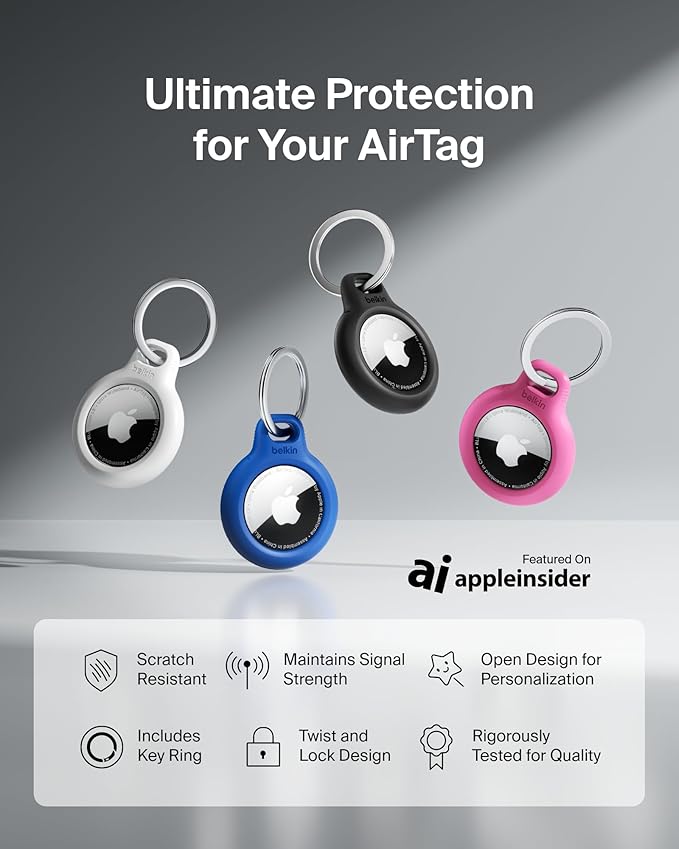 Belkin Apple AirTag Secure Holder with Key Ring - Durable Scratch Resistant Case with Open Face & Raised Edges - Protective AirTag Keychain Accessory for Keys, Pets, Luggage, Backpacks - 4-Pack Blue - Image 2