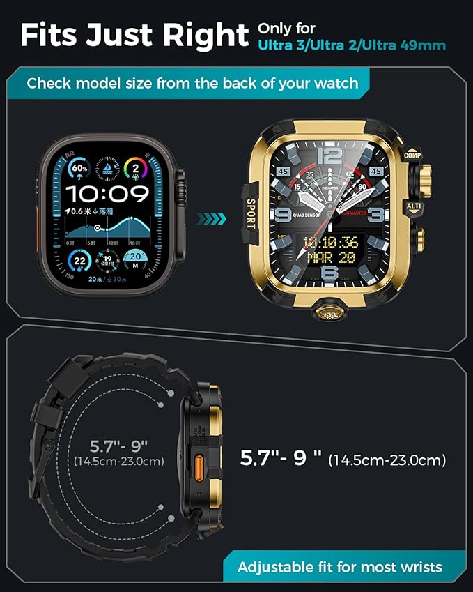 Goton Rugged Case and Band Kit with Screen Protector for Apple Watch 49mm, Compatible with Apple Watch Ultra 3/2/1, Full Body Shockproof Metal+PC Bumper Cover with Soft Band, 49mm Gold - Image 2