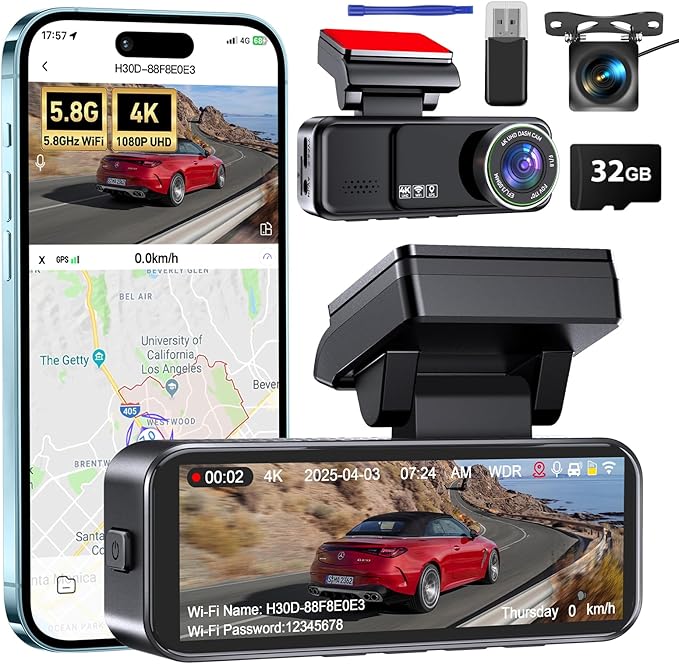 Dash Cam Front and Rear, 4K Dash Cam Built-in 5.8G WiFi GPS ADAS, 3.2" IPS Screen Dash Camera for Cars with Free 32GB Card,G-Sensor,Loop Recording,WDR,Night Vision Dashboard Camera by BiuoneAdvancingtech