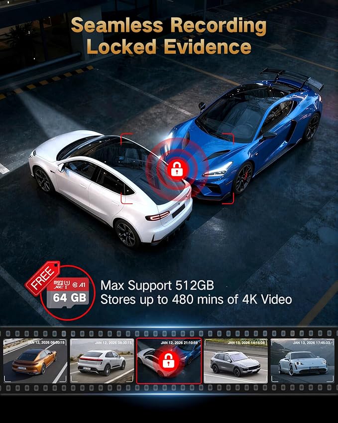 4K Dash Cam Front and Rear Inside, 3-Channel Cars Camera Dash with 170° Wide Angle, Free 64GB SD Card, 5.8GHz WiFi, Night Vision, G-Sensor, Loop Recording, Parking Monitor, USB C, Max 256GB - Image 4