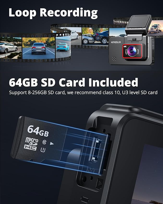 Kingslim 4K Dash Cam with 64GB Card, Front and Rear Car Dashcam Camera for Cars Support WiFi APP GPS, 3" Touchscreen - Image 5