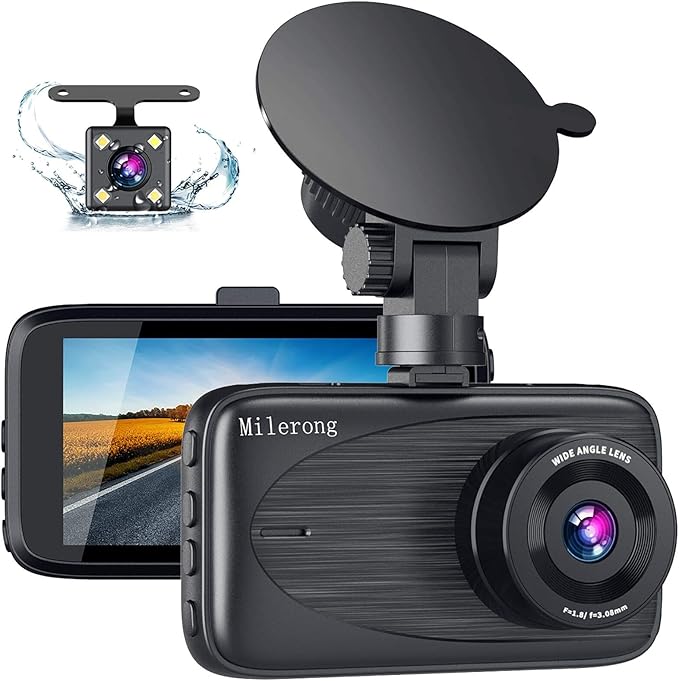 Milerong Dash Cam Front and Rear with Night Vision, Mini 1080P FHD Dash Camera for Cars, G-Sensor, Loop Recording, Parking Monitor, Motion Detection,WDR by Milerong