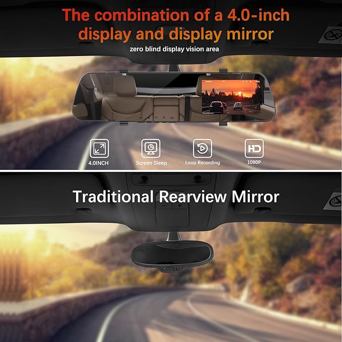 Mirror Dash Cam Front and Rear Dash Car Camera 4 inch 1080P IPS Screen Rear View Mirror Dash Cam Mount with Loop Recording Motion Detection Reverse Assistance - Image 9