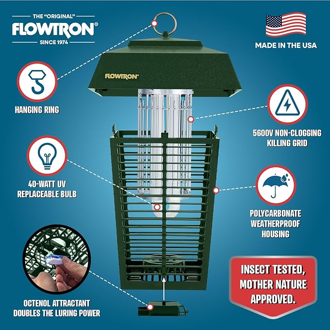 Flowtron Bug Zapper, 1 Acre of Outdoor Coverage with Powerful 40W Bulb & 5600V Instant Killing Grid, Electric Insect, Fly & Mosquito Zapper, Made in The USA - Green Color - Image 2