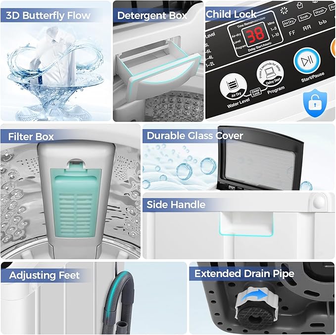 Nictemaw Portable Washing Machine, 20Lbs Capacity Full-Automatic Portable Washer, 2.8Cu.ft Washer and Dryer Combo with 10 Programs 8 Water Levels Laundry Machine for Apartments-Slow-Close Glass Cover - Image 5