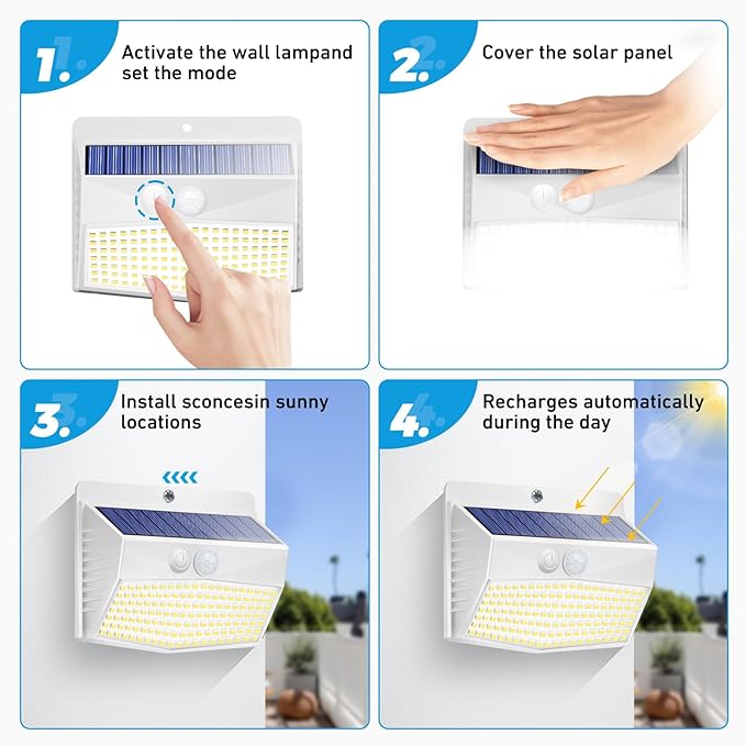 [2 Packs] Solar Lights Outdoor Motion Sensor, Solar Security Lights with 3 Lighting Modes Solar Wall Lights Waterproof Solar Powered Lights for Garden Fence Yard Deck, White - Image 5