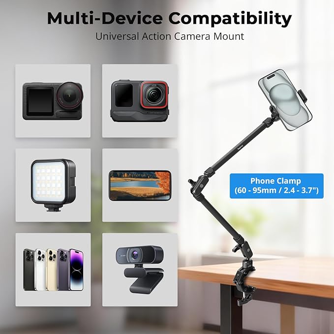 SmallRig 25.9" Magic Arm with Super Clamp, Overhead Phone Mount, Flexible Desk Camera Mount with 1/4" Screw and Cable Clip, Max Load 2.2lb, for iPhone, Action Camera, Video Light, Webcam, Mic - 5625 - Image 6